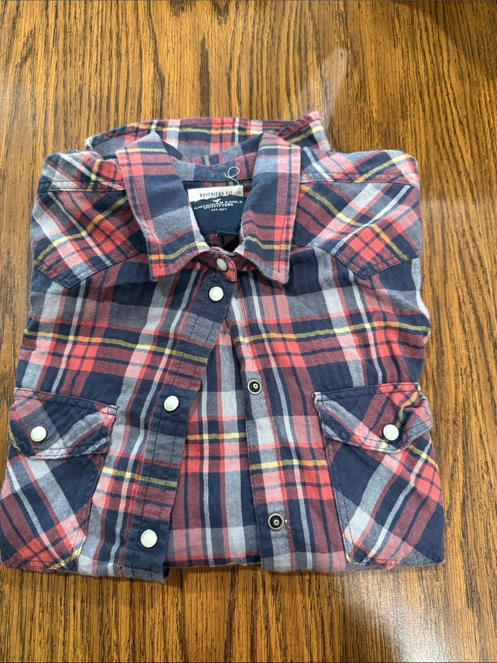 American Eagle Outfitters Navy, Coral & White Plaid Button-Down Shirt